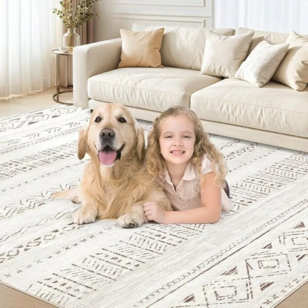 New 5x7 Washable Area Rug, Boho Farmhouse Non-Slip Carpet for Home & Room Decor